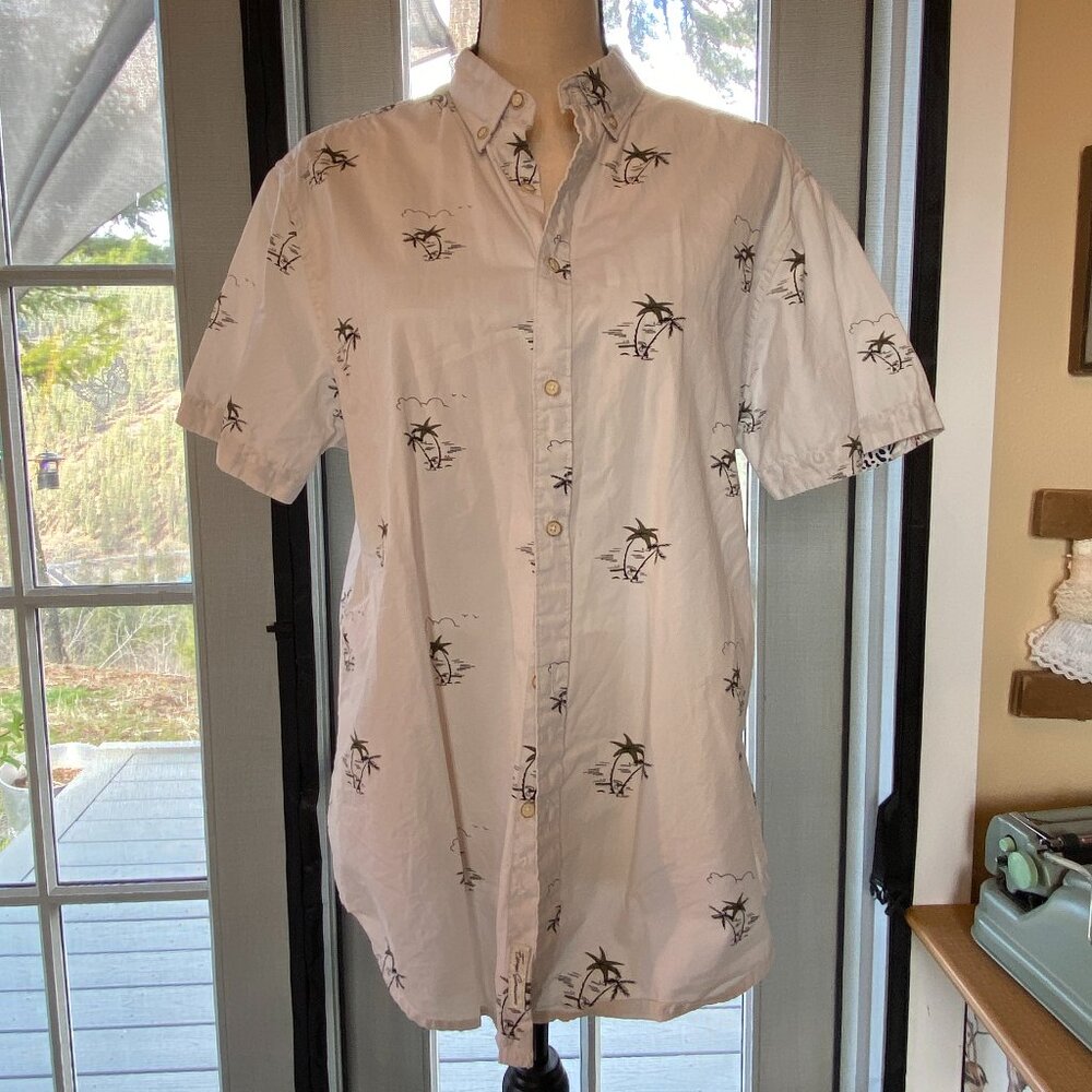 EUC Denim & Flower Ricky Singh Mens Lg 100% Cotton Palm Tree Short Sleeve Shirt
